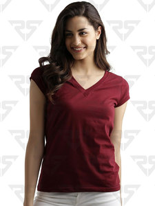 Camiseta de algodón de manga corta con cuello en V supersuave de color granate para mujer - Product Image 3