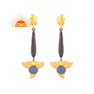 Último diseño hecho a mano 18K chapado en oro Natural Hydro Blue Calcedonia piedra preciosa cuelga pendiente Demi joyería fina fabricante - Product Image 1