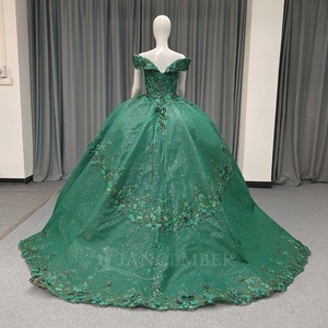 ANY187 Glitter Sweetheart <b>Emerald</b> Green Crystal Beading Lace Appliqued Print Evening Party Ball Gown <b>Dress</b> - Product Image 2
