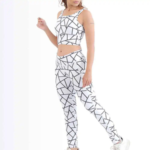 Ensemble de yoga pour femmes à imprimé géométrique, 2 pièces, haut court dos nageur, leggings taille haute longueur intégrale, en Spandex et Polyester, extensible dans les quatre sens - Product Image 3