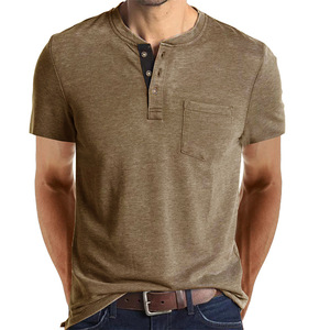 2023 nuevas camisetas de verano con cuello Henley para hombre, camisetas informales de manga corta para hombre, Camiseta de algodón sólido a la moda para hombre - Product Image 3