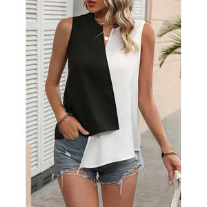 เสื้อเบลาส์ผ้าเครปคอวีแขนกุดสีบล็อคสำหรับผู้หญิง รุ่น 35296 - สีดำ - Product Image 5