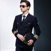 Blazer d'uniforme de stewardesse de compagnie aérienne bleu marine élégant de haute qualité avec rayures dorées, logo personnalisé, casquette assortie personnalisable