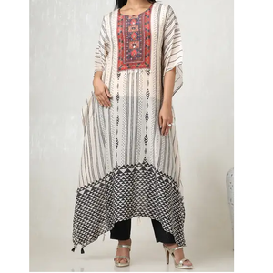 Vêtements indiens et pakistanais à la mode blanc noir coupe ample viscose soie caftan femmes Kurta robe avec col brodé rouge - Product Image 1