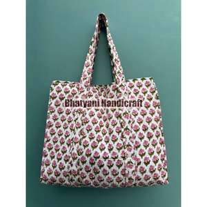 Bolsa de mano informal acolchada de algodón con estampado de bloque de mano indio al por mayor, bolsa de compras hecha a mano, dos regalos perfectos para uso diario - Product Image 5
