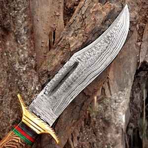 Cuchillo de caza de acero damasco hecho a mano, punta de Clip de borde plano de grado Industrial, grosor de hoja de 3mm, longitud total de 13 pulgadas, cuero fino - Product Image 6