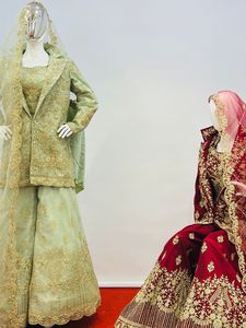 Pakistani Bridal <b>Cot</b> Suit Embroidered Lehenga Choli Net Fabric Heavy Stone Design Ken Ken Plazo Dupatta Blazer-9 Vibrant Colors - Product Image 4