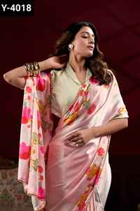 Imprimé floral en satin de soie à la mode indienne avec perles dentelle bordure travail Saree Collections pour festival et fête Saree - Product Image 2