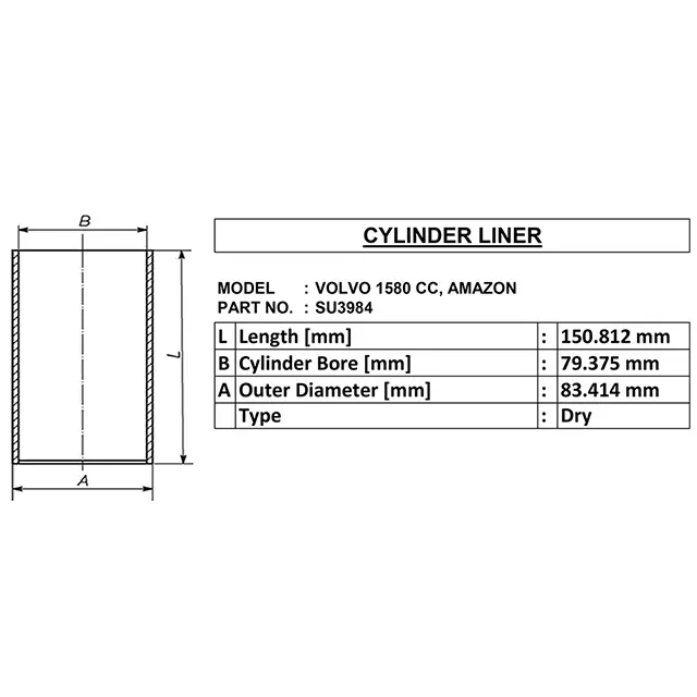 Chemise de cylindre sèche pour volvo 1580 cc, amazon oe:-su3984 id:-79.375mm od:-83.414mm longueur:-150.812mm fabriqué en Inde