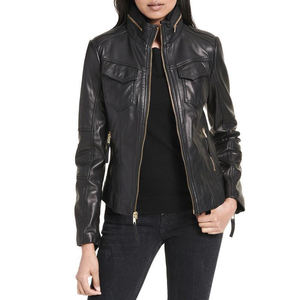 Vestes en cuir durables des femmes avec le manteau en cuir occasionnel de motocyclette de conception unique de poches multiples avec la taille réglable - Product Image 4