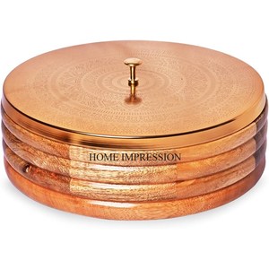 Contenedor Chapati de forma redonda con acabado antiguo de cobre hecho de metal de Calidad exclusiva con tapa superior y asas chapadas en oro de la India - Product Image 6