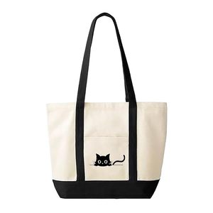 Embroidered Cat <b>Beach</b> Tote <b>Bag</b> <b>Large</b> Cotton Canvas with Zipper Closure Rattan Material for All Seasons - Product Image 6
