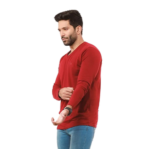 เสื้อยืดแขนยาวคอวีสำหรับผู้ชาย,สีแดงสีพื้นฐานสีพื้นสำหรับผู้ชายแบบเต็มตัว - Product Image 3