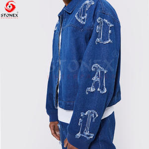 Ensemble 2 pièces pour homme : Veste en jean délavée personnalisée et pantalon long bleu 100% coton, coupe ample, grammage élevé, respirant, pour l'automne - Product Image 5