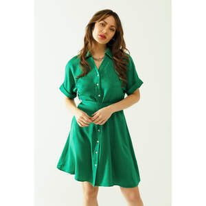 Vestido Mini Verde Relajado con Cinturón, Botones Delanteros, Decoración Drapeada, Cintura Natural, Transpirable, Largo hasta la Rodilla, Uso Diario, Suministro ODM - Product Image 5