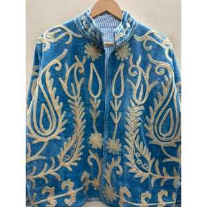 Suzani <b>Embroidered</b> Velvet <b>Jacket</b> <b>for</b> <b>Women</b>-Cerulean Blue Quilted Leather Trim Relaxed/Oversized Fit Handcrafted Jaipur Spring - Product Image 3