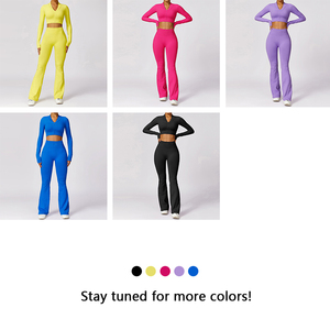 OEM personalizar logo fitness Yoga tops con cremallera pantalones acampanados gimnasio fitness conjuntos ropa deportiva Conjunto para las mujeres - Product Image 3