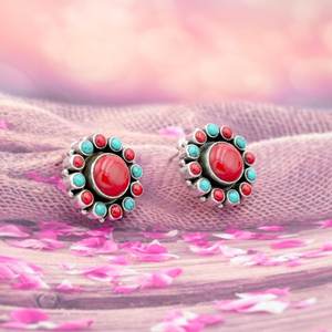 ต่างหูเม็ดเดี่ยวสีเงินสเตอร์ลิงสี925ปะการังหลากสีธรรมชาติและเทอร์ควอยซ์เครื่องประดับของขวัญแต่งงานที่หรูหรา - Product Image 2
