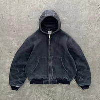 Veste courte zippée pour homme, coupe ample et épaules tombantes, style workwear vintage, personnalisée OEM, en tissu épais, effet délavé soleil, rétro, vieilli et délavé à l'acide, avec capuche