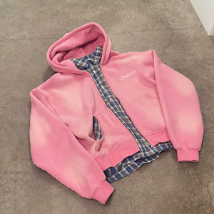 Veste zippée pour homme, personnalisée OEM, en flanelle épaisse doublée, rose vintage, unie, effet délavé soleil et délavé à l'acide, coupe ample et courte, style hoodie - Product Image 1