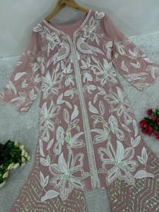 Tela de Georgette Sintética con Lentejuelas, Diseño Tradicional Palazzo Chine en Rosa Claro, para Vestidos de Fiesta de Mujeres Indias y Pakistaníes - Product Image 5