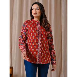 Blusa Elegante de Algodón Estampado Butta Rojo Oscuro para Mujer, Cuello Asimétrico, Botones Delanteros, Encaje Bordado Floral, Corta, Talla XL - Product Image 5