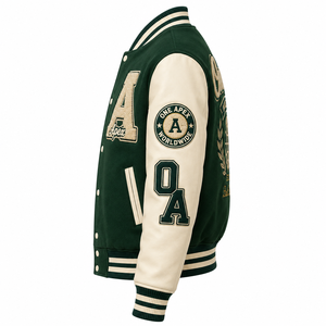 ONEAPEX INTERNATIONAL Custom Forest Green Men's <b>Winter</b> Hooded Letterman <b>Jacket</b> Wool Body White <b>Leather</b> Sleeves Chenille Casual - Product Image 4