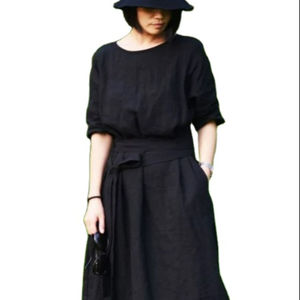 Femmes lin couleur unie robe été 2024 nouvelle robe à manches courtes taille minceur ceinture avec poche robe en lin - Product Image 1