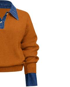 Custom Rust Brown Knit Sweater <b>With</b> Blue Denim Collar Women Winter Pullover Long Sleeve Casual Warm Top Fashion Streetwear Style - Product Image 2