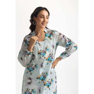 Ensemble coordonné en viscose de coton bleu glace imprimé pour femmes, tenue quotidienne d'été en 2 pièces avec manches trois-quarts, taille XXS - Product Image 5