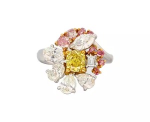 Fancy Yellow Cushion Cut Diamond with Pink and White Marquise and Baguette Side Fancy <b>Stones</b> 925 silver <b>ring</b> engagement <b>ring</b> - Product Image 1