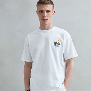 T-shirt Beige Regular Fit 100% Cotone - Stampa Floreale Retrò Coastal Drive '95 Manica Corta 240g Anti-Pilling Stile Casual da Vacanza - Product Image 1