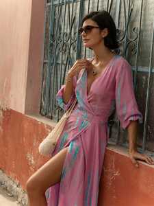 2022 venta al por mayor de moda para niñas cárdigan con cubierta suelta Kimono Tie Dye estampado ropa de playa larga vestido informal de cintura Natural - Product Image 3