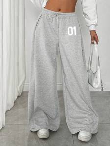 Pantalon de survêtement gris pour femme, imprimé léopard, coupe ample, taille élastique, longueur intégrale, 100 % coton, séchage rapide, décontracté pour l'été - Product Image 4