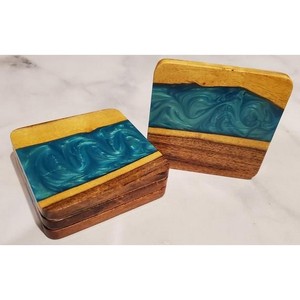 Factory Supply <b>Top</b> Quality Customize Modern Classic Style Epoxy Wood & <b>Resin</b> Coaster Set of 4 With Holder - Product Image 2