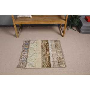 2.6x2.9 ft Small Vintage Turkish Rug <b>Brown</b> Abstract <b>Wool</b> Eco-Friendly Patchwork Latex Backed Rug - Product Image 3