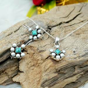 Ensemble de bijoux fins en argent sterling 925 boucles d'oreilles florales et pendentif en pierres précieuses naturelles avec perles et chaîne en argent - Product Image 1