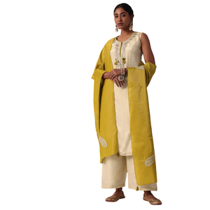 Conjunto Palazo de seda amarillo mostaza con trabajo de lentejuelas, venta al por mayor, Ropa Étnica para mujer, proveedor de fábrica de ropa OEM, traje de fiesta personalizado - Product Image 1