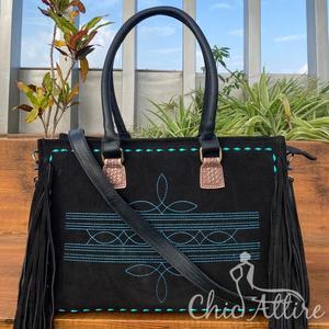 <b>Boot</b> Stitch <b>Black</b> Suede Leather Fringe Tote Bag for Women Western Turquoise Stitch Concealed Carry Genuine Leather Crossbody Bag - Product Image 1