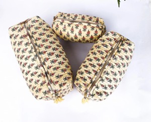 Handmade Block Print Quilted Cotton Large Cosmetic Bag Set Eco-Friendly for Toiletry Organizer Zipper <b>Light</b> Yellow Waterproof - Product Image 3