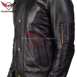 Veste en cuir véritable noir pour homme, fermeture à boutons-pression, poche zippée sur le bras, style Cafe Racer en peau de mouton, vêtement d'extérieur hivernal minimaliste personnalisé - Product Image 6