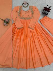 Setelan Salwar Gown Panjang Biasa dengan Dupatta, Ukuran <span class=keywords><strong>M</strong></span> hingga 3XL, Kain Georget Berkualitas Tinggi dengan Detail Bordir & Payet, Cocok untuk Pesta SIE - Product Image 4