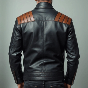 Chaqueta de motorista de talla grande de invierno de cuero negro de estilo retro con rayas de hombro marrones Chaqueta de corredor de motocicleta vintage - Product Image 2