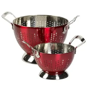 Juego de colador de acero inoxidable rojo de 2 piezas con asas para lavar pasta, frutas, verduras y arroz | Proveedor de utensilios de cocina al por mayor - Product Image 2