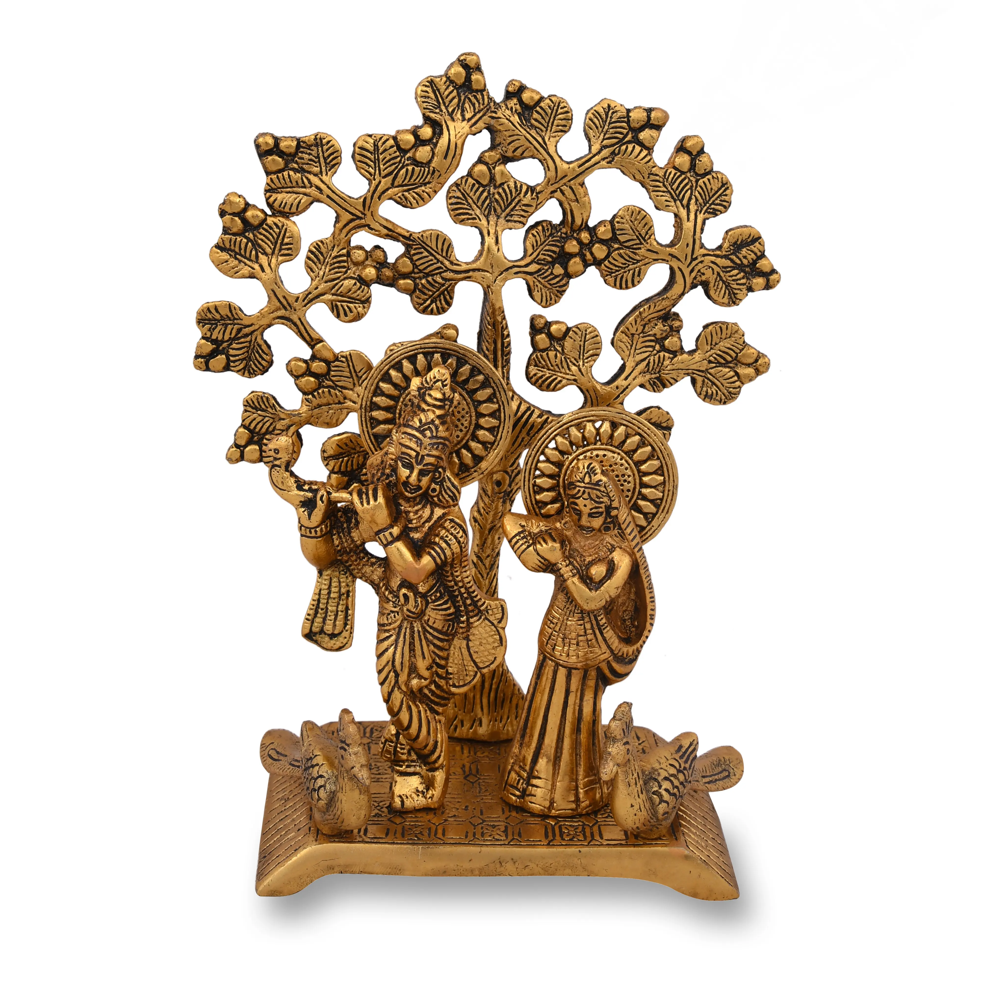 Keluaran Baru Patung Radha Krishna Buatan Tangan Berlapis Emas dengan Patung Desain Pohon Sisi Belakang untuk Dekorasi Rumah dan Pemberian Hadiah