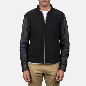 Chaqueta Bomber de Cuero Negra para Hombre, Cuello Alto, Cierre de Cremallera, Estilo Motociclista, Corte Regular, Color Sólido, para Otoño - Product Image 3