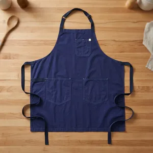 Classic Navy <b>Canvas</b> Heavy Duty Washable Reusable Bib <b>Apron</b> with Multiple Pockets for Cooking Daily Use - Product Image 1