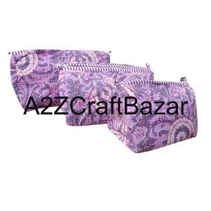 Handmade Cozy Eco-Friendly For Pouch Set for Women Indian Hand Block Printed Traveling <b>Makeup</b> Pouches Cotton Quilted Zipper - Product Image 3