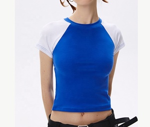 Women's Blue White Color Block American Raglan Sleeve Crop Top Crew Neck Slim Fit Sporty Short Sleeve Knitted T-<b>Shirt</b> Summer - Product Image 1