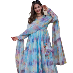 Europeo y americano nueva primavera mujeres moda Georgette impreso flaired vestido precio al por mayor Ropa Étnica - Product Image 1